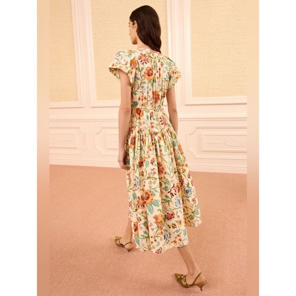 New ULLA JOHNSON Marin Cotton Floral Multicolor Pleated Ruffle-Sleeve Midi Dress - Picture 4 of 13